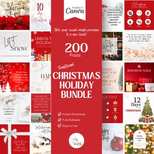 May include: A red and white graphic with the text "Traditional Christmas Holiday Bundle" and a checklist of features: Instant Download, Fully Editable, Easy to Use. The graphic is surrounded by smaller images of Christmas-themed graphics, including a Christmas tree, presents, and ornaments.