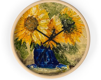 Väggklocka med solrosvas | Solrosor i blå kanna, blommig heminredning