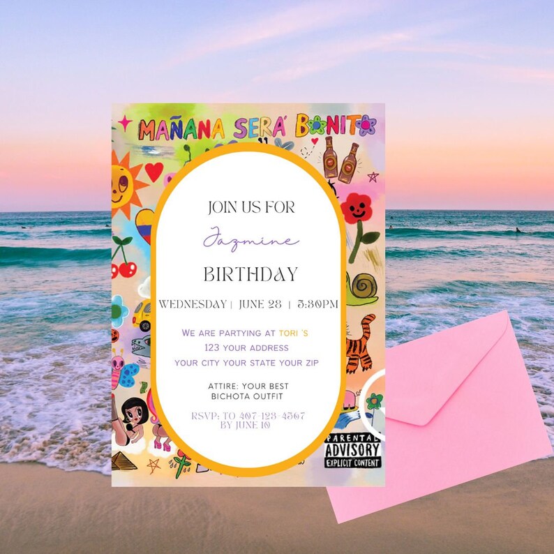 May include: A colorful birthday party invitation with a cartoon illustration of a sun, flowers, and a snail. The invitation is for Jazmine's birthday party on Wednesday, June 28th at 5:30 PM. The invitation includes the address, attire, and RSVP information.