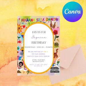 May include: A colorful birthday party invitation with a whimsical design featuring a sun, flowers, cherries, a snail, a tiger, and a car. The invitation reads "Join us for Jazmine Birthday" and includes the date, time, and location of the party. It also includes a parental advisory notice.
