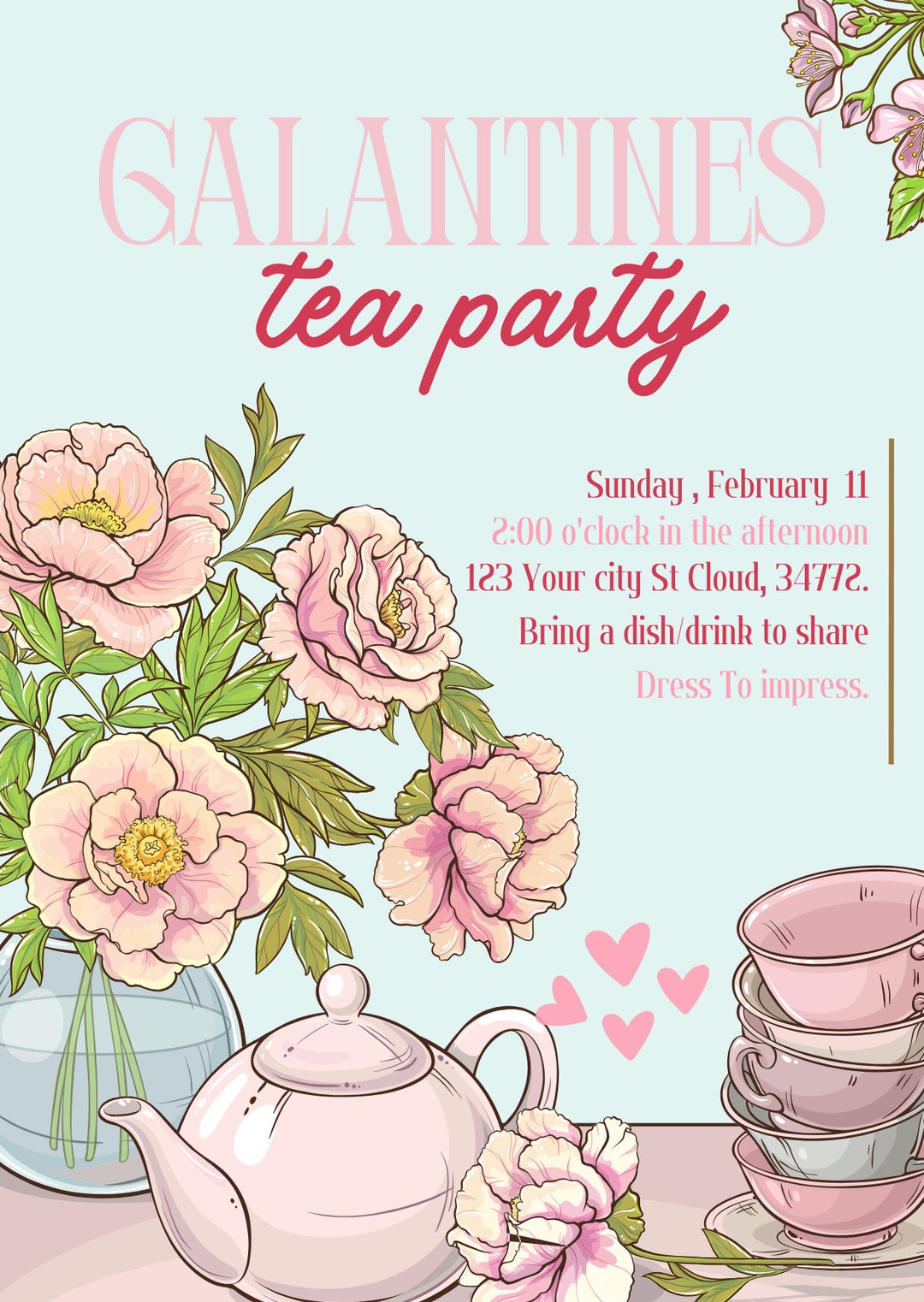 Valentine Day Tea Party Printable Invitation Galantines Digital Invitation High Tea Editable ...
