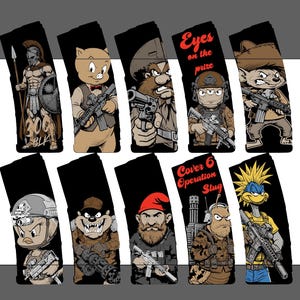 May include: Ten rectangular black magazine wraps featuring cartoon-style illustrations of various characters, including a Spartan, a pig, a pirate, a three-eyed soldier, and a gnome, with text reading Eyes on the prize and Cover 6 Operation Slug.