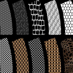 Puede incluir: Diez tiras adhesivas rectangulares dispuestas en dos filas, con varios patrones que incluyen formas geométricas, líneas de circuitos, panales, ladrillos y escamas texturizadas en tonos negro, blanco y bronce sobre fondo negro.
