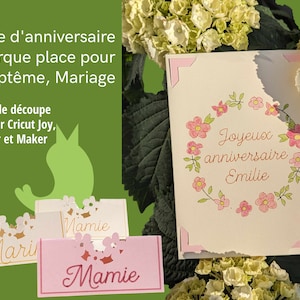 Carte Anniversaire, Baptême, Mariage, couronne de fleurs ( jusqu'à 4 couleurs de fleurs) et marques places, Fichiers SVG pour découpe Cricut