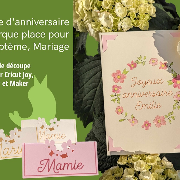 Carte Anniversaire, Baptême, Mariage, couronne de fleurs ( jusqu'à 4 couleurs de fleurs) et marques places, Fichiers SVG pour découpe Cricut