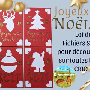 Zestaw 4 kartek świątecznych, w języku francuskim, Wesołych Świąt, w pliku SVG do wycinania w Cricut i Cricut Joy