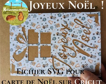 Christmas card, in French, Merry Christmas with a gift, in SVG file for cutting on Cricut AND Cricut Joy