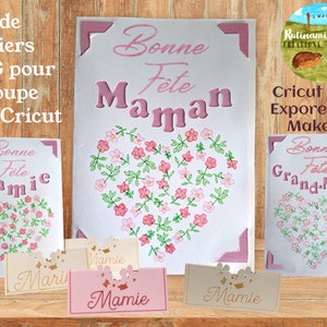Dzień Matki, babcia, pliki SVG do tworzenia 4 kart i znaczników miejsca (Cricut Joy/Maker/Exlorer), kwiat, serce, korona kwiatowa