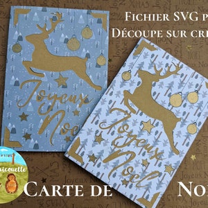 Carte de Noël, en Français, Joyeux Noël avec le Renne Rudolphe ! Fichier SVG pour découpe sur Cricut ET Cricut Joy