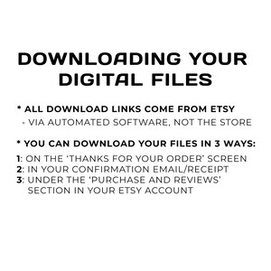 Pu&ograve; includere: Testo in bianco e nero su sfondo bianco che spiega come scaricare i file digitali acquistati su Etsy. Il testo indica che tutti i link di download provengono da Etsy tramite un software automatizzato, non dal negozio. Elenca anche tre modi per scaricare i file: sullo schermo 'Grazie per il tuo ordine', nell'e-mail/ricevuta di conferma e nella sezione 'Acquisti e recensioni' del tuo account Etsy.