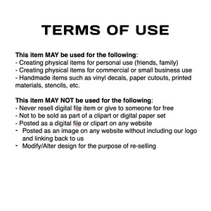 Pu&ograve; includere: Termini di utilizzo per un file digitale. Questo articolo pu&ograve; essere utilizzato per uso personale o commerciale, ma non pu&ograve; essere rivenduto o regalato gratuitamente. Non pu&ograve; essere utilizzato come parte di un clipart o di un set di carta digitale, n&eacute; pubblicato su un sito web senza includere il logo del creatore e un link al suo negozio.