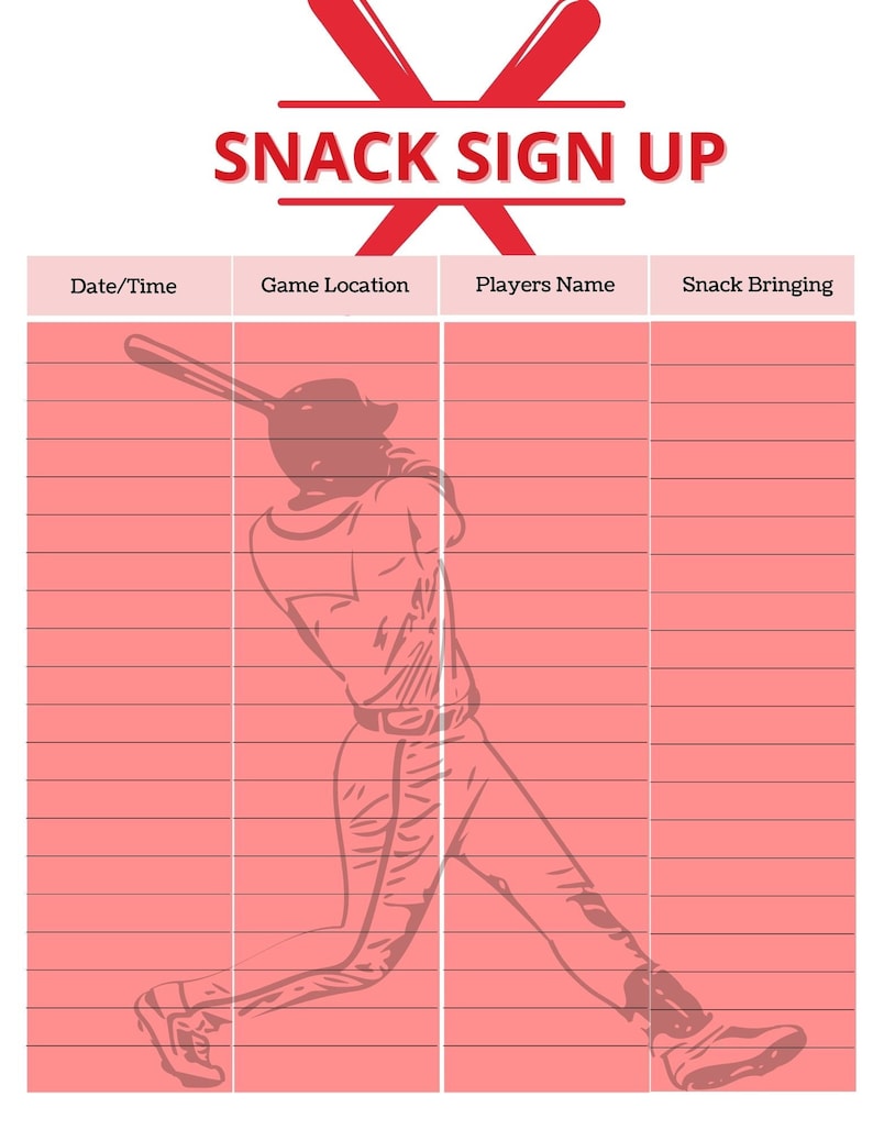 Printable Baseball Snack Sign up Sheet Etsy