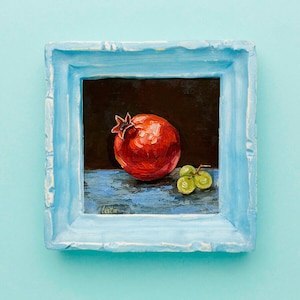 Fruits: Radiant Pomegranate. Oil painting on canvas on cardboard