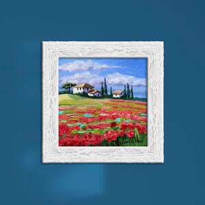 Paisaje mediterráneo: amapolas en flor. Pintura al óleo sobre lienzo sobre cartón