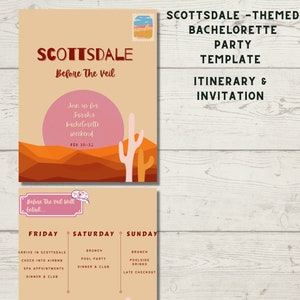 SCOTTSDALE, Arizona BACHELORETTE weekend invitations & itinerary template, Scottsdale Bachelorette Invite Printable, Scottsdale Arizona Bach