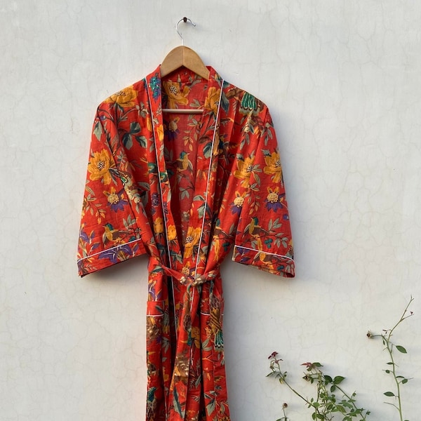 House of Harlow 1960 Collab, kimono, Maxi Dress, Red Coral Leaf Print, 100% Cotton