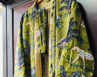 Kimono de terciopelo con estampado de jungla verde: abrigo de terciopelo de algodón