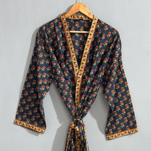 Cotton Kimono Robe in Multicolor Colors, Long Dress Block Print Indian Bathrobe Maternity Dressing Gown Beachwear Shower Gift