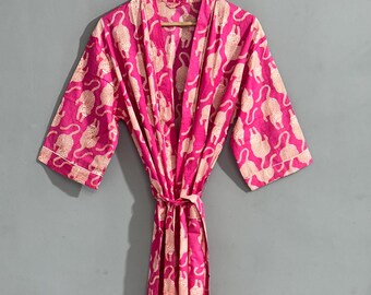 Kimono de algodão feito à mão | Casaco boho com estampa animal | Cardigã leve