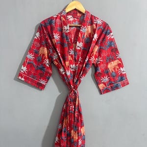 Elephant Print Cotton Kimono Robe: Japanese Style Dressing Gown