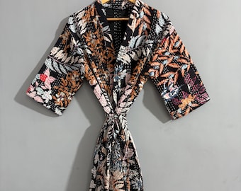 Floral Kantha Quilted Kimono Robe | Hand-Stitched Cotton Jacket, Boho Duster