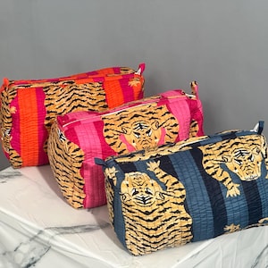 Hand Block Printed Toiletry Bag Set: Quilted Cotton Travel Pouches