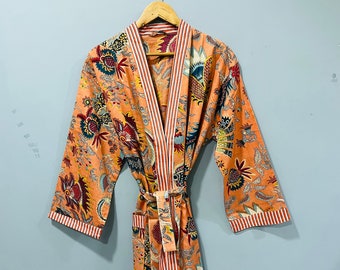 Cotton Kimono Robe Dressing Gown, Block Print Bridesmaid Robe, Summer Nightwear, One Size