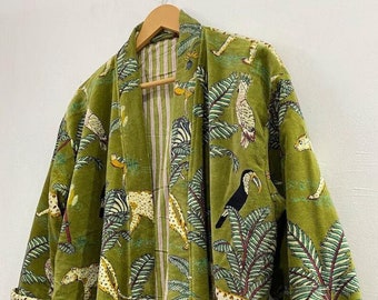 Grüner Dschungel-Print Samt-Kimono-Roben, Morgentee-Samtmantel, Brautjungfern-Robe, Frauen tragen Baumwoll-Samt-Robe, Samtjacke, Braut-Robe