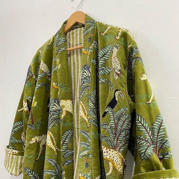 Green Jungle Print Velvet Kimono Robes, Morning Tea Velvet Coat, Bridesmaid Robe, Women Wear Cotton Velvet robe, Velvet Jacket, Bridal Robe
