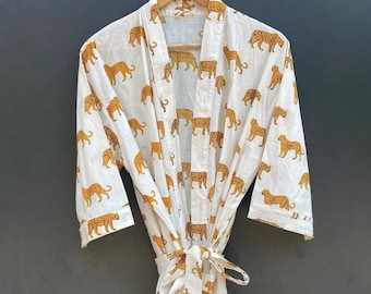 Leopard Print Cotton Kimono Robe, Lightweight Boho Loungewear