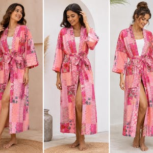 Patchwork Cotton Kimono Robe for Women, Handmade Boho Kimono Cardigan,