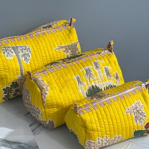 Indian Block Print Toiletry Bag Set: Quilted Cotton Cosmetic Travel Pouches