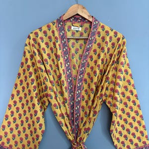 Roupão feminino estilo quimono, roupão de algodão estilo boho, roupão de banho feminino leve 100% algodão orgânico, estampado à mão, longo, yukata japonês