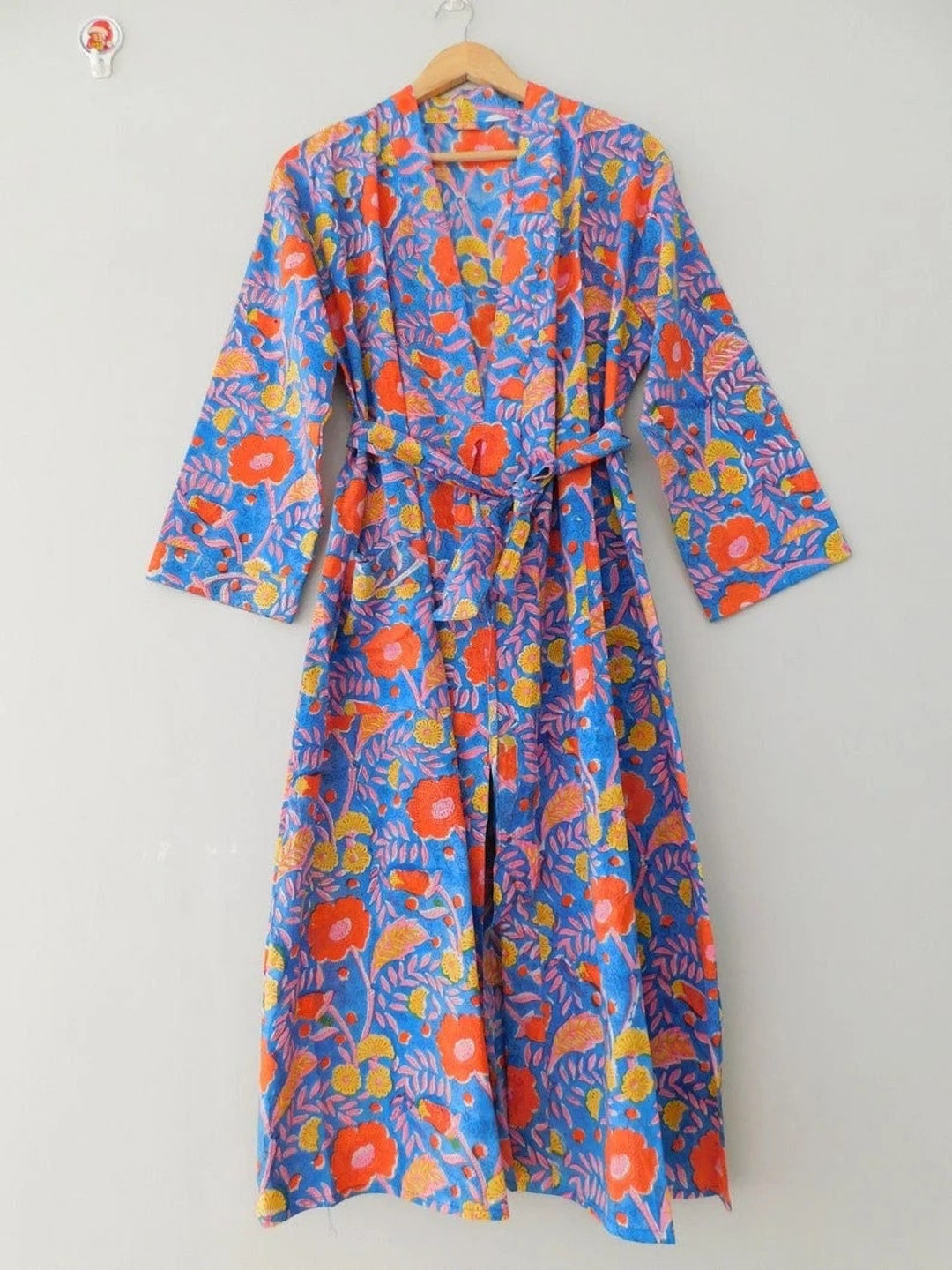 Block Print Robe Hand Block Print Cotton Kimono Robe, Floral Midi Robe - Etsy