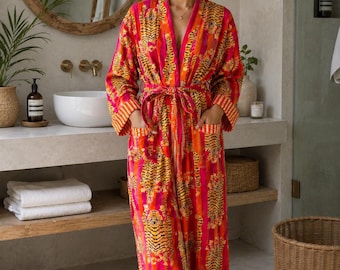 Velvet Tiger Print Kimono Robe: Handmade Cotton Blend Lounge Gown