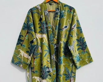 Kimono de terciopelo con estampado de jungla verde: abrigo de terciopelo de algodón