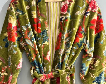 Green Velvet Kimono Robe – Indian Boho Cotton-Lined Coat | Handmade Ethnic Long Jacket for Women