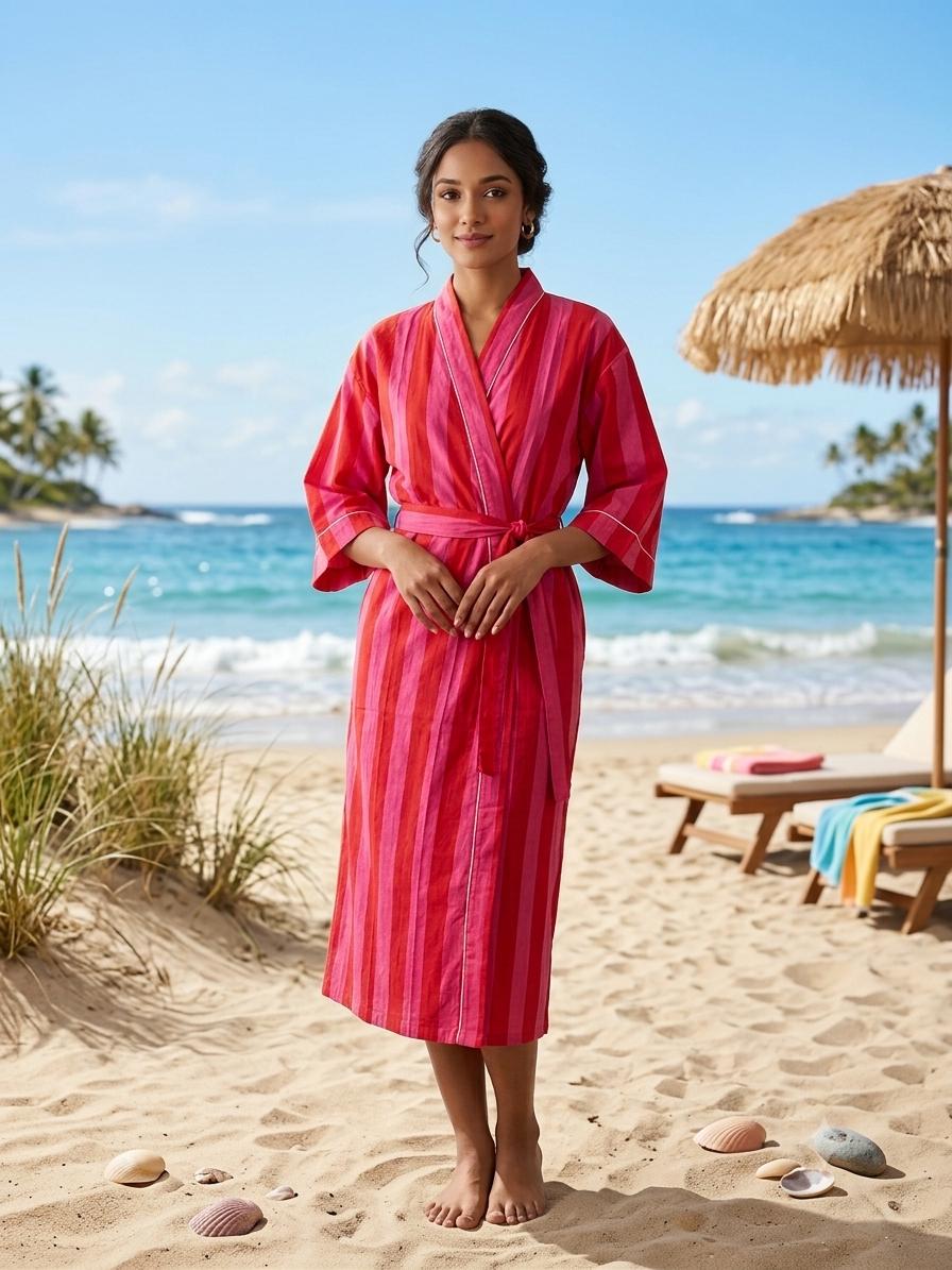 Pink Red Stripe Cotton Kimono Robe, Handmade Beach Cover Up, Lightweight Summer Lounge Cardigan