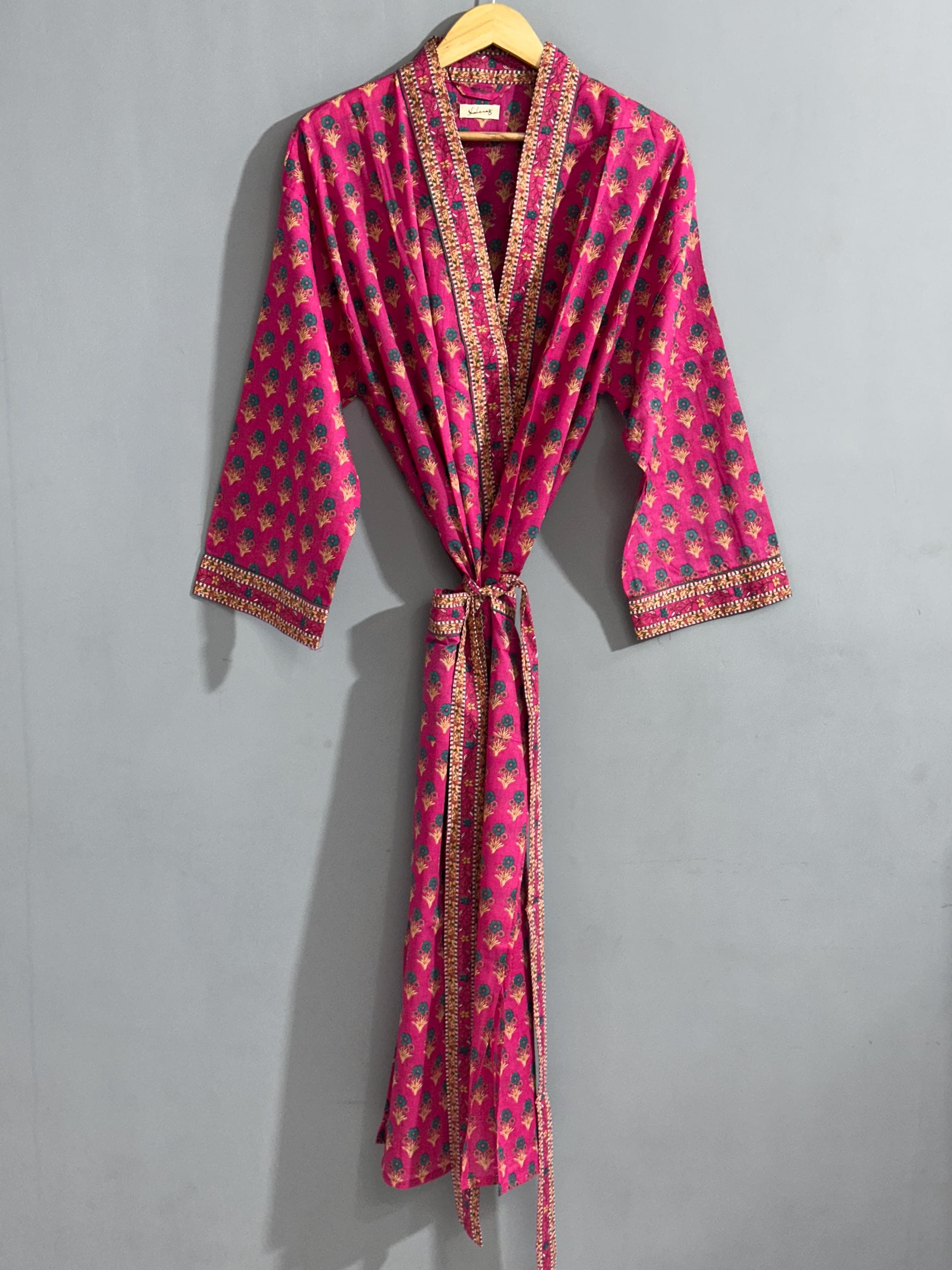 Drawn Block Robe Floral Print Cotton Kimono Robe | Block Prints Robes | Beach Kimonos ...