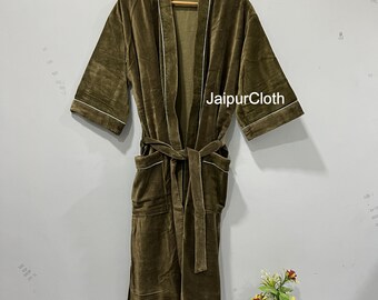 Green Velvet Kimono Robe, Boho Japanese Style Lounge Wear, Soft Cotton Blend