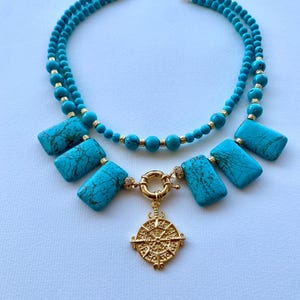 Chunky Statement Necklace in Turquoise, Denim Blue & Pink