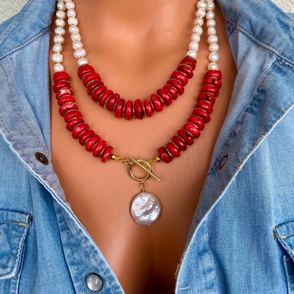 Collier de déclaration de corail et de perles - Bijoux élégants inspirés de l’océan, ensemble de colliers uniques, collier Big Bold