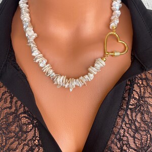 Baroque Pearl Necklace: 18K Gold Heart Clasp, Bridal Jewelry