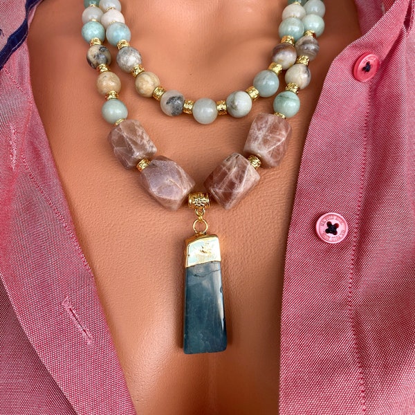 Sunstone, Amazonite and Aventurine Layered Necklace with Agate Pendant, Unique Statement Necklace, Solar Eclipse Necklace, Unique Jewelry