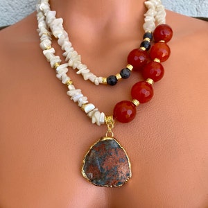 Mother of Pearl, Ceyt and Spectrolite Double Strand Statement Necklace,  Big Chunky Gemstone Necklace, Natural Stone Jewelry