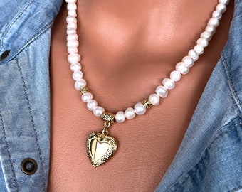 Pearl Necklace with Heart Locket Pendant, Perfect for Everyday, 14K Gold Plated, Bridal Jewelry, Best Gift for Women Her Wife Girlfriend