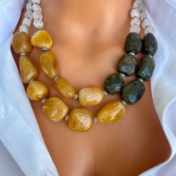 Agate, Labradorite and Crystal Quartz Layering Necklace, Big Bold Chunky Statement Necklace, Best Gift for Women Mom Wife Girlfriend