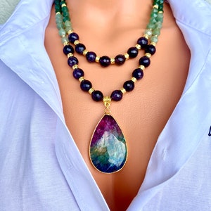 Layered Amethyst, Jade, Aventurine Necklace with Stunning Agate Pendant, Colorful Statement Necklace, Unique Big Bold Necklace, Gift for Her