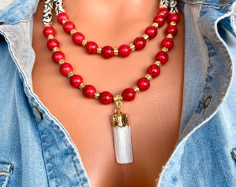 Red Howlite and Agate Necklace with Selenite Pendant, Unique Pendant  Necklace Set, Black White Red Jewelry, Gift for Mom Her BFF Sister