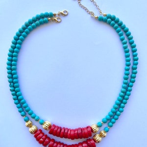 Red Coral and Turquoise Layered Necklace, Red and Blue Gemstone ...
